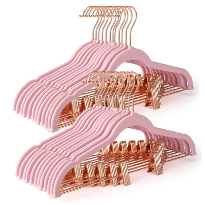HOUSE DAY Pants Hangers with Clips 24 Pack, with Rose Gold Hook and Clips | Non Slip Velvet Flocked, Swivel Hook, Space Saving, Rubber Padded Clips, For Pants, Skirt, Shorts, Coat, Outfit - Pink