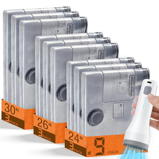 Vacuum Storage Bags for Travel with Cordless Pump, Space Saver Bags for Clothes, Compression Packing Bags for Luggage, 9 Combo Size