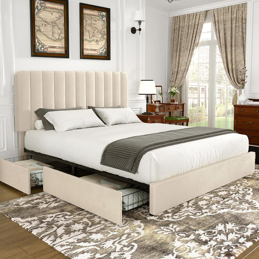 VECELO Queen Size Upholstered Bed Frame with 4 Drawers and Headboard, Velvet Platform Storage Bedframe, Wooden Slats Support, No Box Spring Needed, Beige
