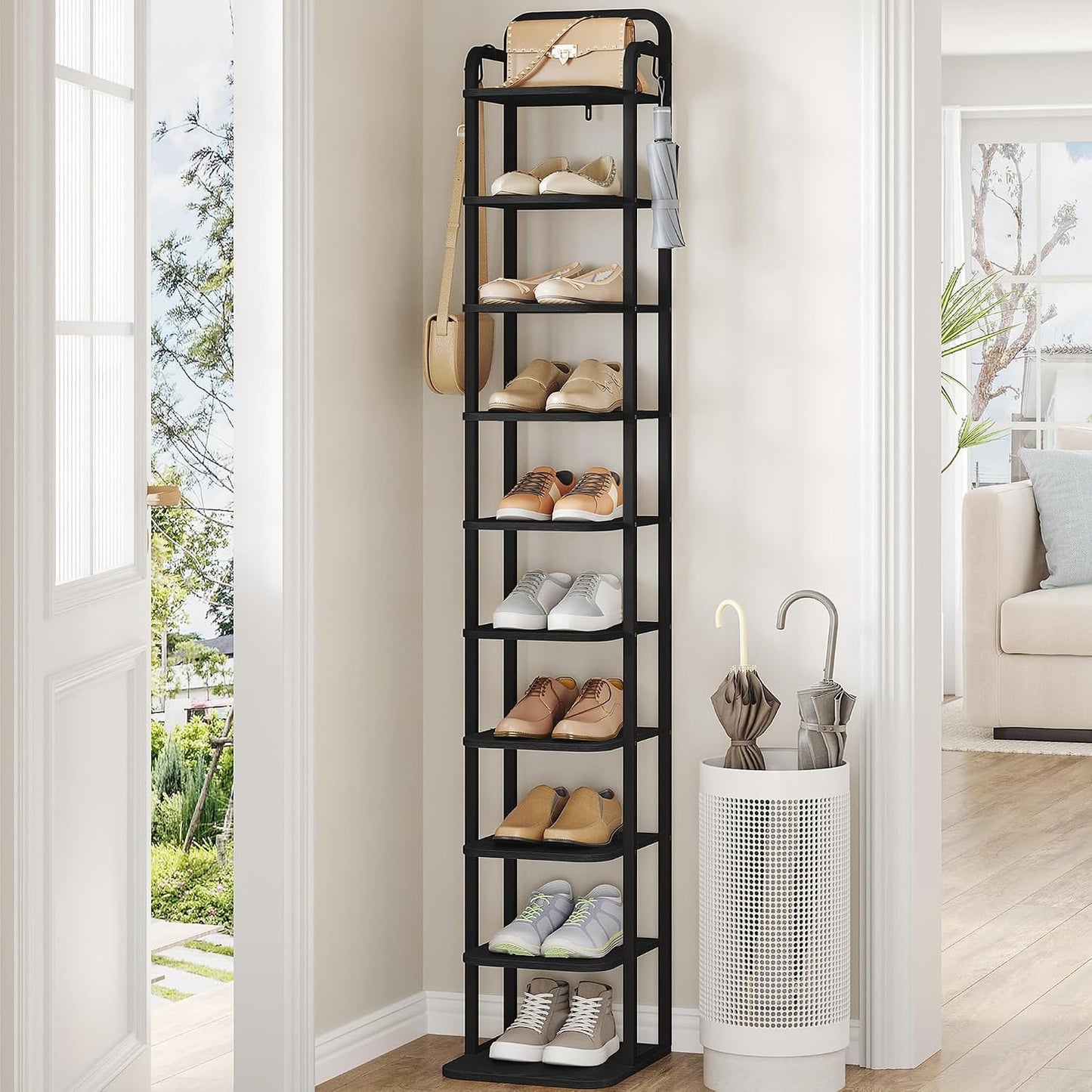 Hzuaneri Vertical Shoe Rack, Shoe Shelves, Wood Shoe Organizer for Closet, Entryway, Shoe Tower for Small Spaces, Free Standing, Adjustable, with 2 Hooks, 10 Tier Black SR11204B