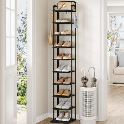 Hzuaneri Vertical Shoe Rack, Shoe Shelves, Wood Shoe Organizer for Closet, Entryway, Shoe Tower for Small Spaces, Free Standing, Adjustable, with 2 Hooks, 10 Tier Black SR11204B