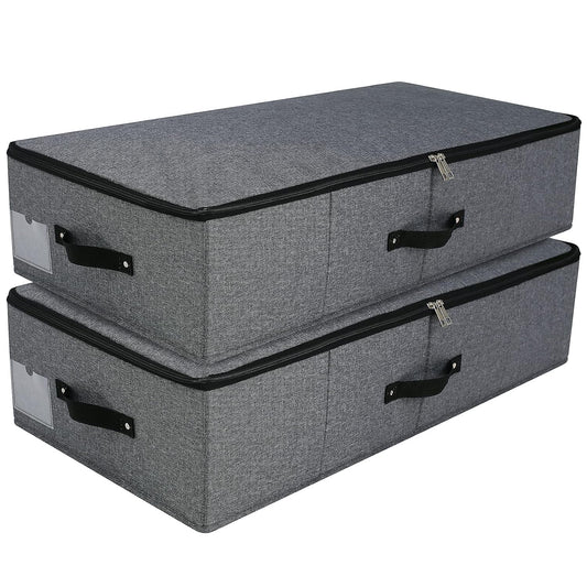 AMJ Foldable Under Bed Storage Basket Container [2 Pack] with Durable Fabric for Clothes, Shoes,Toys, Blanket, Comforter Organizers Bins, Black Grey