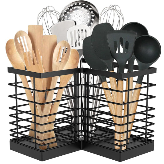Suli Extra Large Countertop Utensil Holder for Kitchen Counter,Fit Corner | Against Wall,Hold 40 tool,Removable Divider,Easy Clean,Sturdy Farmhouse Cooking Utensil Organizer Caddy,Rutic,Metal,Black
