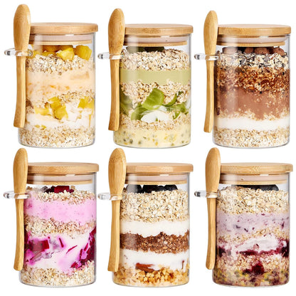 6 Pack Overnight Oats Containers with Bamboo Lids and Spoons - 22 oz Airtight Glass Jars with Lid, Meal Prep Jars for Chia Pudding, Yogurt, Salad, Cereal, Coffee, Flour | Food Storage Canister