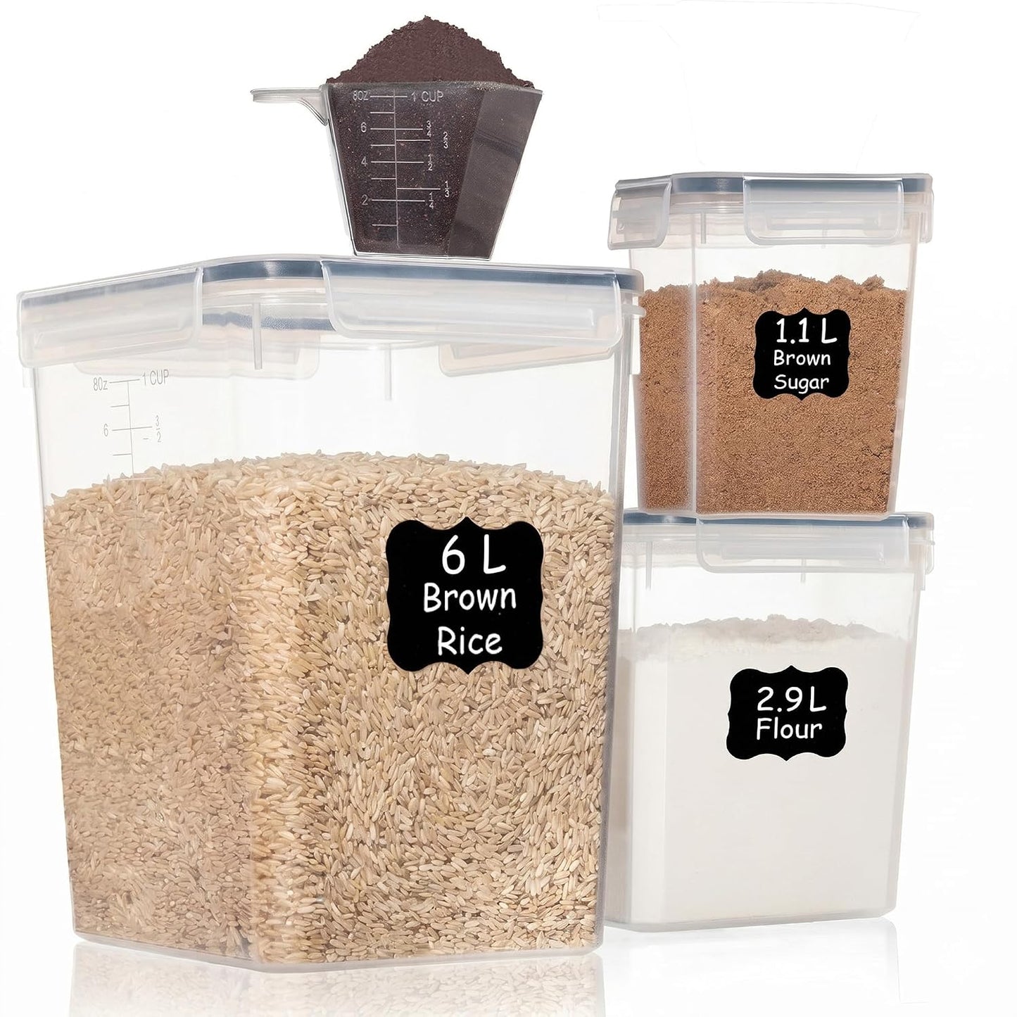 Shazo Flour Sugar Storage Containers Set of 3 (6L, 2.9L, 1.1L) Large Airtight Food Storage Containers with Lids, BPA-Free Plastic Container for Kitchen & Pantry Organizers, Cereal, Rice & Pasta