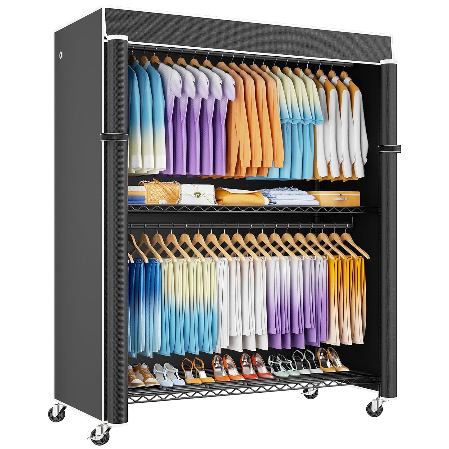 P8C Max Heavy Duty Clothes Rack（With Extended Width Design） Rolling Clothing Racks for Hanging Clothes with Lockable Wheels，51.2"W x 15.8"D x 80.5"H，Load 800LBS，Black Rack with Black Cover