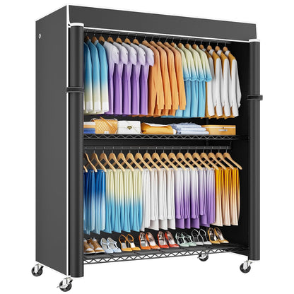P8C Max Heavy Duty Clothes Rack（With Extended Width Design） Rolling Clothing Racks for Hanging Clothes with Lockable Wheels，51.2"W x 15.8"D x 80.5"H，Load 800LBS，Black Rack with Black Cover