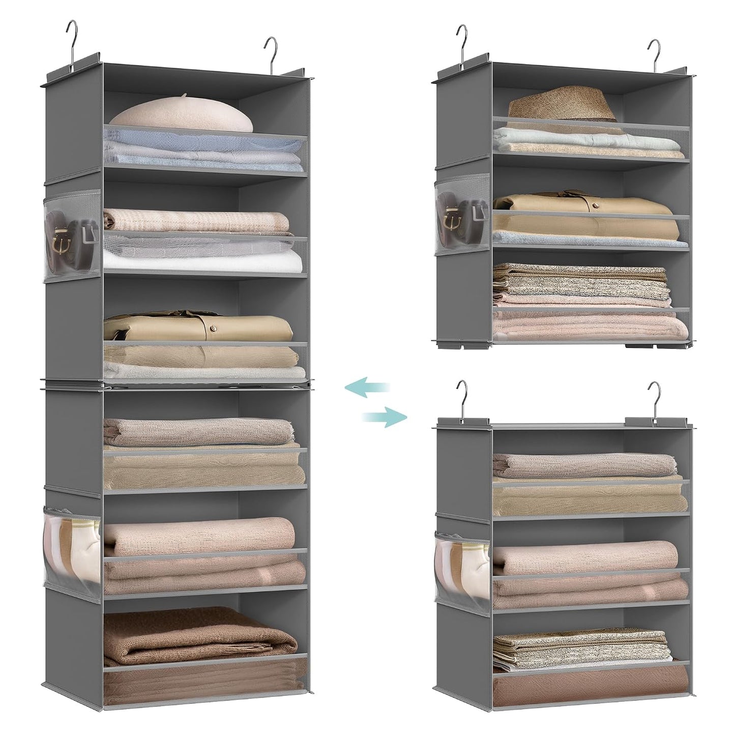 SONGMICS Hanging Closet Organizer, 6-Tier Fabric Storage Shelf, Separable Closet Hanging Shelf with Side Pockets, Foldable, Metal Hooks and Bamboo Inserts, Dove Gray URCH007G01