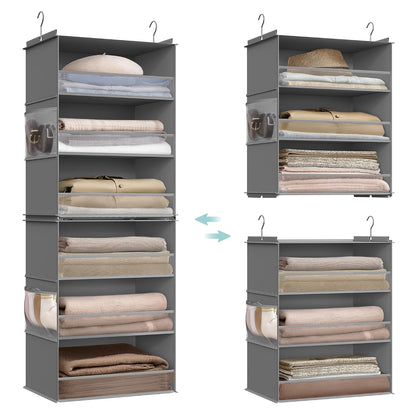 SONGMICS Hanging Closet Organizer, 6-Tier Fabric Storage Shelf, Separable Closet Hanging Shelf with Side Pockets, Foldable, Metal Hooks and Bamboo Inserts, Dove Gray URCH007G01