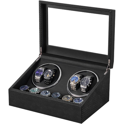BEWISHOME Watch Winders for Automatic Watches, 4 Watch Winder | 6 Storage Case with Quiet Japanese Motor, Automatic Watch Winder Box Watch Rotator with Type-C Adapter, Carbon Fiber SYQ31C
