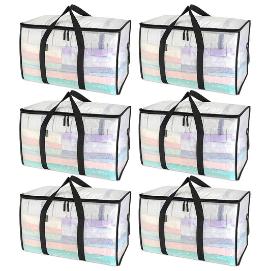 BALEINE 6-Pack Oversized Moving Bags with Reinforced Handles, Heavy-Duty Storage Tote for Clothes, Moving Supplies (Clear, 6-Pack)