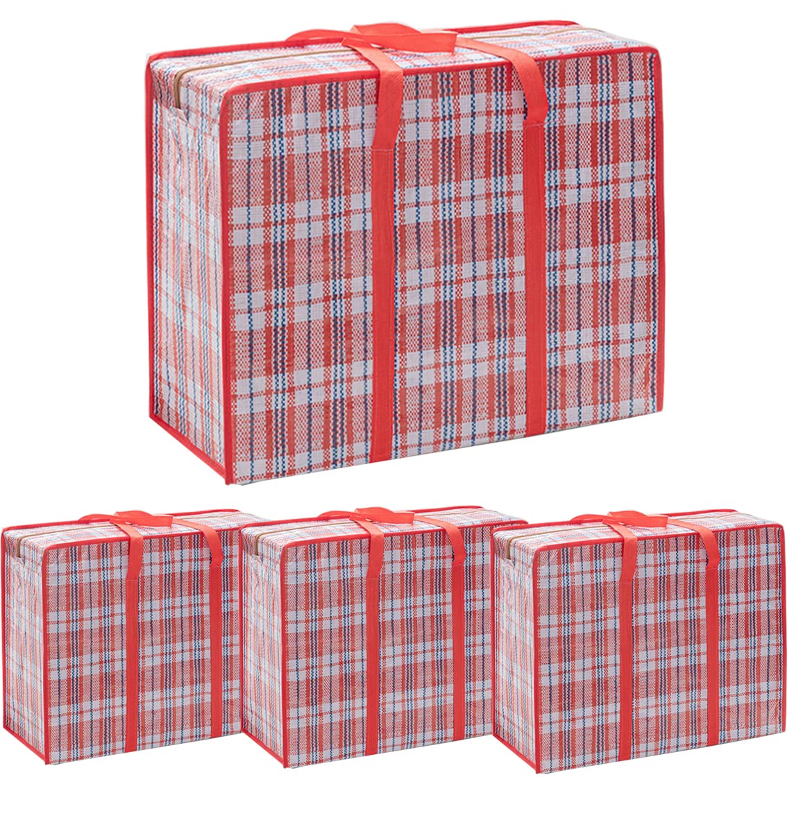Heavy Duty Extra Large Moving Bags, 168L Oversize Organizer Storage Bags With Durable Zippers for Clothes Comforter Pillow, Waterproof Totes for Carrying Camping Bedding (Set of 4) - Red Checkered