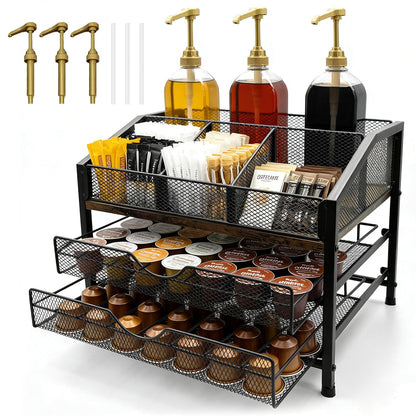 Coffee Bar Organizer with 3 Syrup Pumps, 3-Tier Coffee Station Organizer for Countertop, Rustic Wood & Metal Holder for K Cup, Storage for Coffee Pods, Syrup Bottles, Tea Bags, Cups & Stirrer