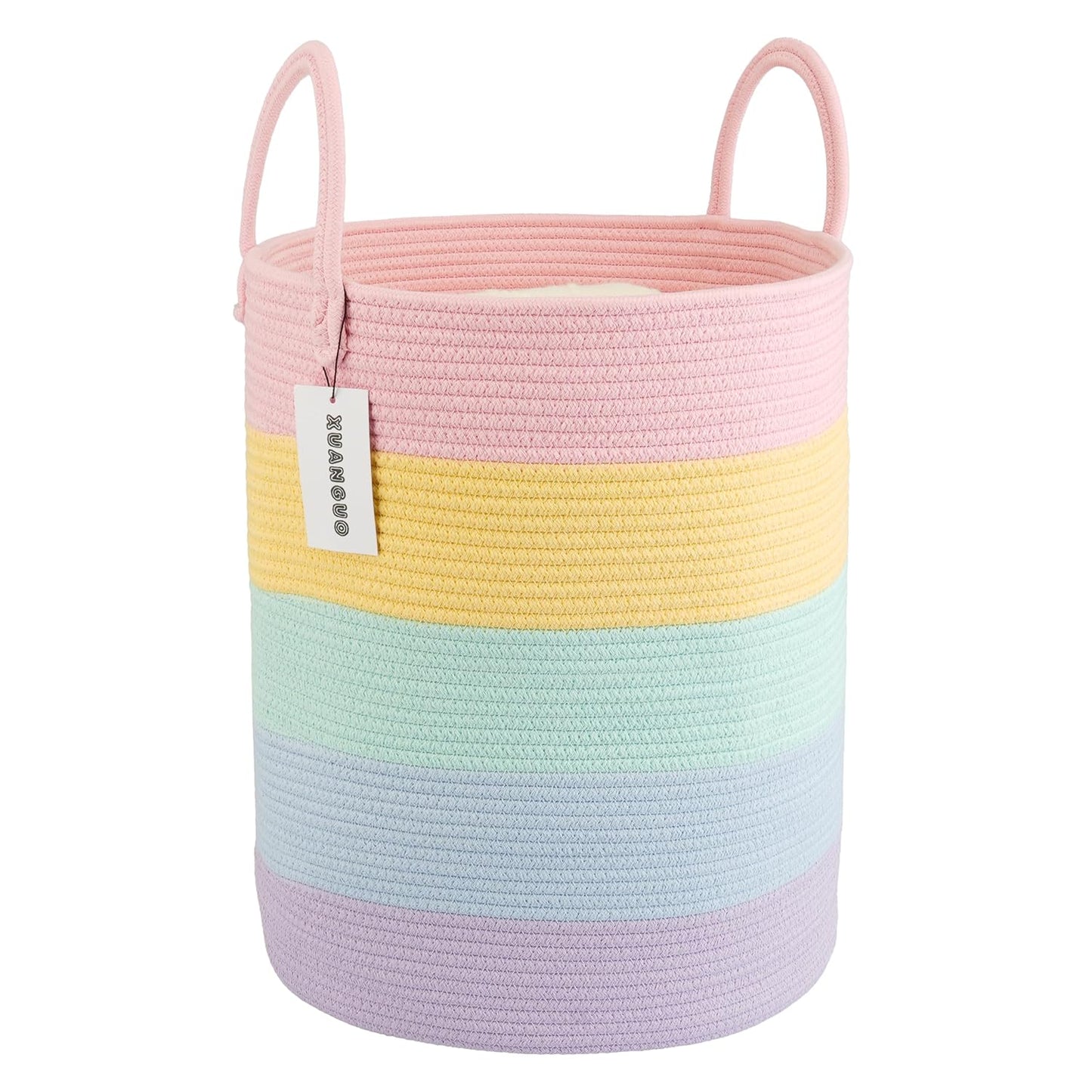XUANGUO Rope Laundry Basket Hamper for Kids Girl, rainbow | Woven Storage Basket for Living Room Bedroom Boho Tall Baskets for Blanket Toys Pillow Towels Baby Nursery Hamper Bin
