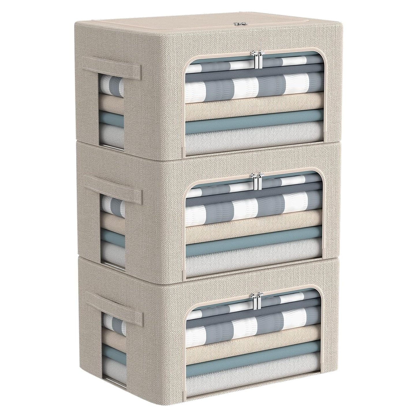 CYhom 3Pack Foldable Storage Bins - Frame Storage Box Linen Fabric Stackable Clothes Container Organizer with Clear Window & Carry Handles Large Capacity (Small-22L, Beige)