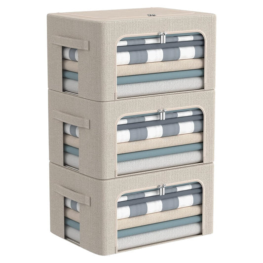 CYhom 3Pack Foldable Storage Bins - Frame Storage Box Linen Fabric Stackable Clothes Container Organizer with Clear Window & Carry Handles Large Capacity (Small-22L, Beige)