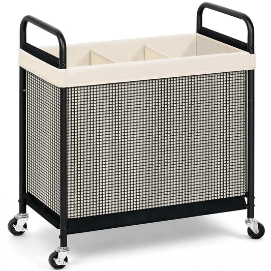 STORAGE MANIAC Rolling Laundry Hamper with Wheels 3-Section Laundry Sorter Rolling Laundrys Basket on Wheels with Removable Bag Clothes Hamper Laundrys Organizer Cart Bathroom Bedroom 120L Beige