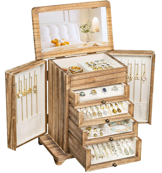 Large Jewelry Box & Organizer for Women, Wooden Jewelry Storage with 4 Transparent Drawers, Holds Necklaces, Rings, Bracelets, Earrings and Watches(Brown)