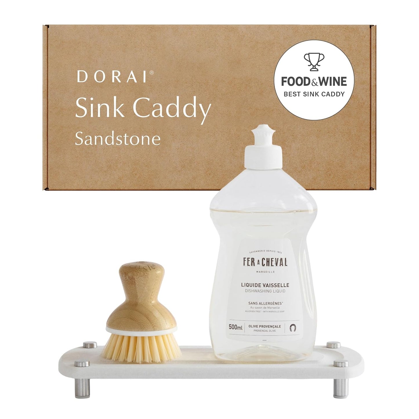 Dorai Home Stone Kitchen Sink Caddy - Diatomaceous Earth Sink Tray with Stainless Steel Feet, Water-Absorbing Countertop Organizer for Kitchen or Bathroom - Sandstone