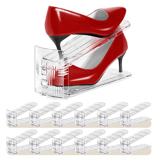Shoe Slots Organizer 12 Pack - Shoe Stacker,3 Levels Adjustable,Space Savers 50%,Double Layer Holders for Closet (Transparent),Organizador de Zapatos