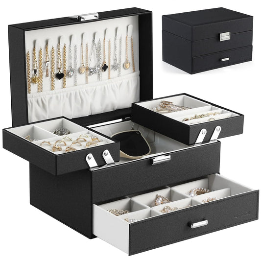 Jewelry Organizer Box, Large Jewelry Boxes for Women Girls, Space-Saving 3 Layers Jewelry Storage Case with Drawer, Movable Metal Stand, Modern, Gift Idea (Black)
