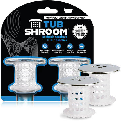 TubShroom Bathtub Drain Protector and Hair Catcher - 2 Pack, Chrome - Fits 1.5" - 1.75" Bathtub and Shower Drains