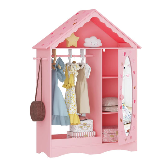 Dollhouse Kids Dress Up Wardrobe with Storage Cabi... (Pink | Wood)