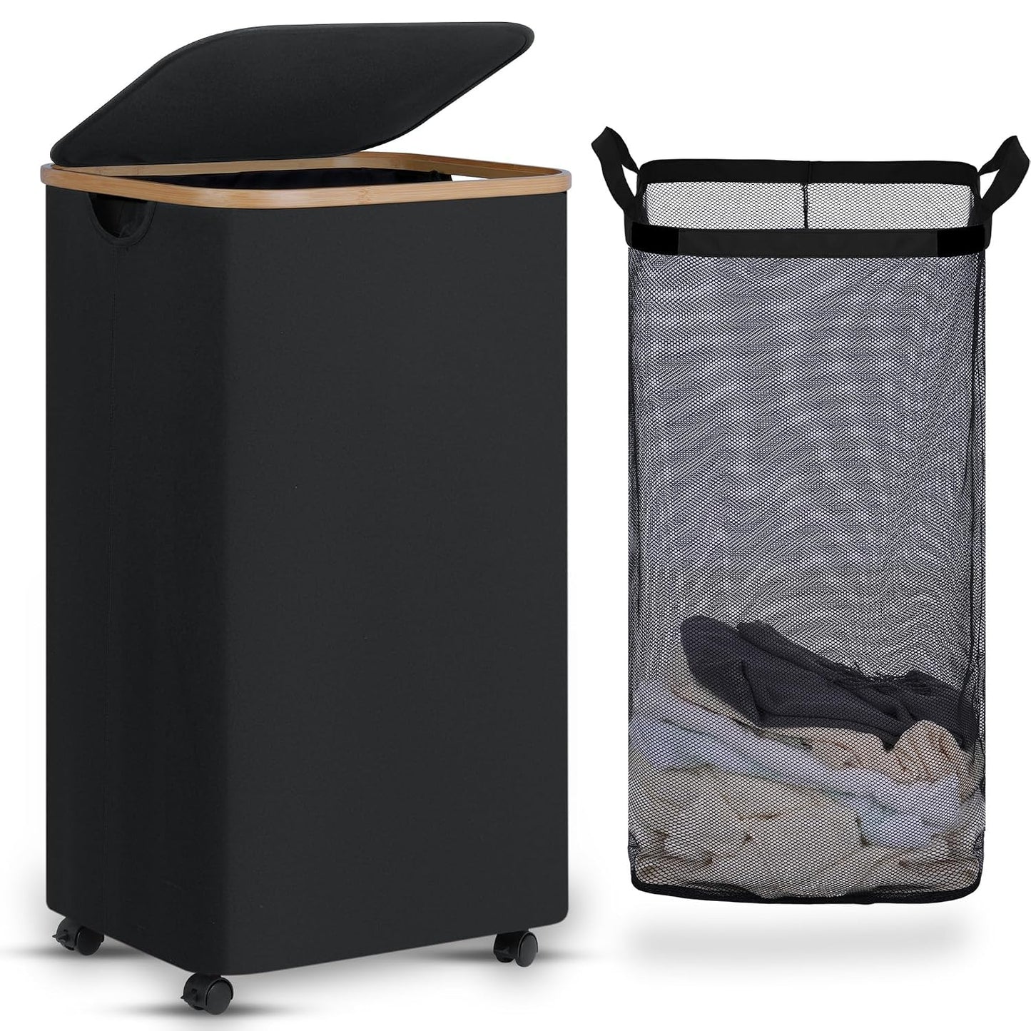 efluky Laundry Basket with Wheels, Tall Rolling Laundry Hamper with Lid and Removable Bag, Aesthetic Dirty Clothes Hamper on Wheels for Laundry Room, Bedroom, Dorm and Bathroom, 100L Black