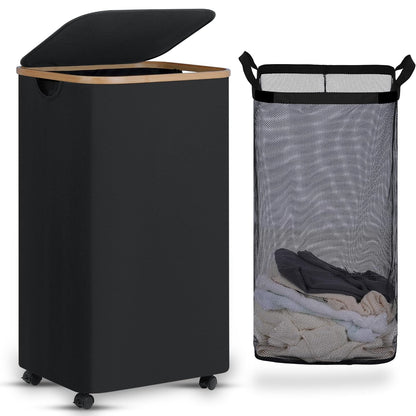 efluky Laundry Basket with Wheels, Tall Rolling Laundry Hamper with Lid and Removable Bag, Aesthetic Dirty Clothes Hamper on Wheels for Laundry Room, Bedroom, Dorm and Bathroom, 100L Black