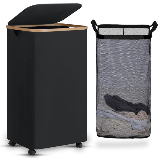 efluky Laundry Basket with Wheels, Tall Rolling Laundry Hamper with Lid and Removable Bag, Aesthetic Dirty Clothes Hamper on Wheels for Laundry Room, Bedroom, Dorm and Bathroom, 100L Black