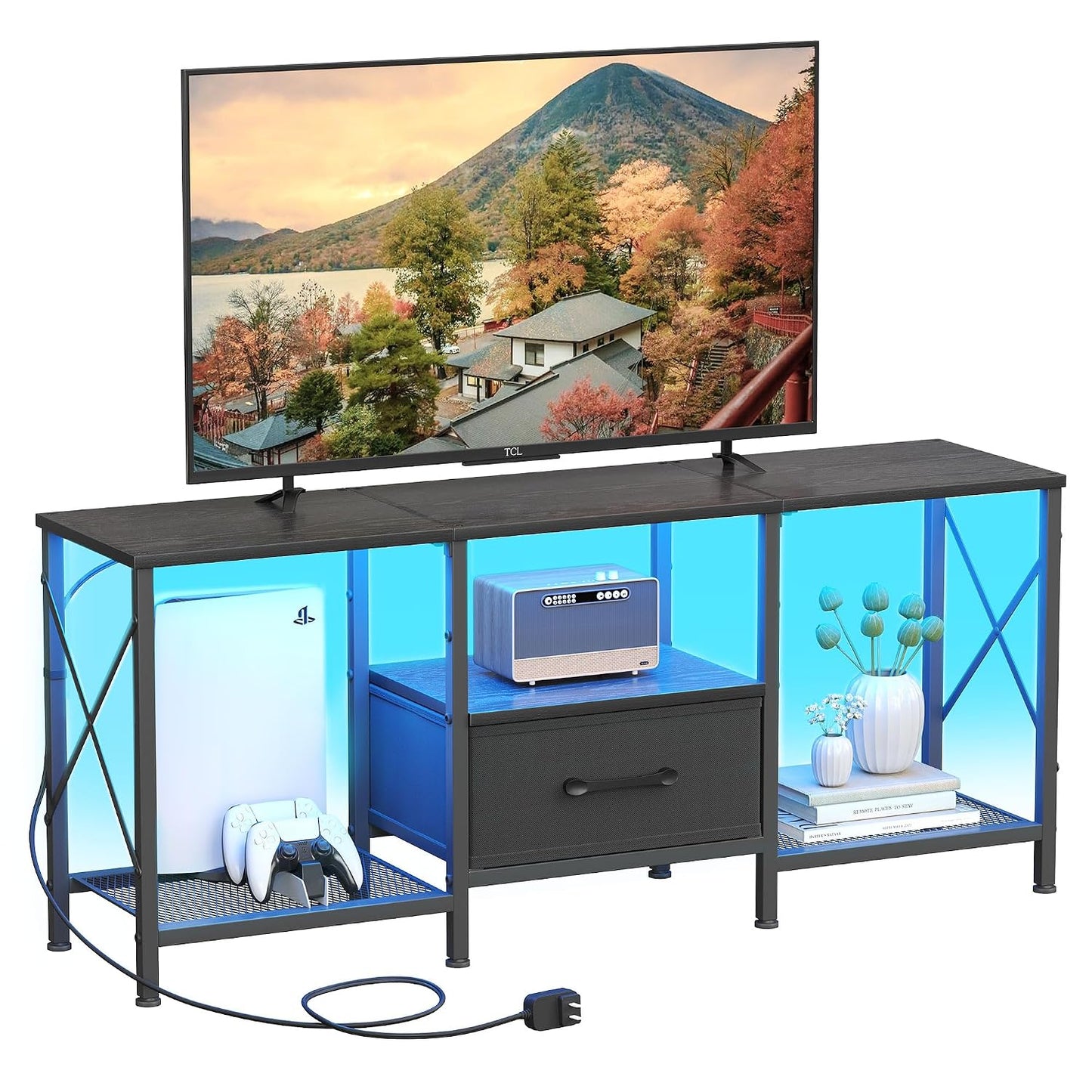 LED TV Stand with Fabric Drawer, Entertainment Center for 50 55 Inch TV, Industrial TV Console Table with Open Storage Shelves for Living Room, Bedroom, Black