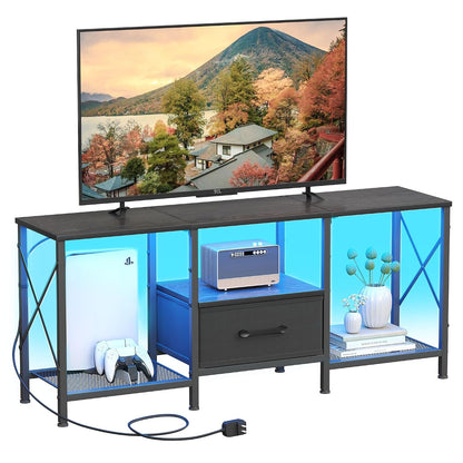 LED TV Stand with Fabric Drawer, Entertainment Center for 50 55 Inch TV, Industrial TV Console Table with Open Storage Shelves for Living Room, Bedroom, Black