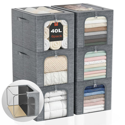 GoMaihe Clothes Storage Bins with Metal Frame for Closet, 40L 6-Pack Grey | Sweaters Hoodies Jeans T-Shirt, Closet Top Shelf Organizer, Steel Frame Collapse-Proof, Stackable, Clear Window, Dual Access