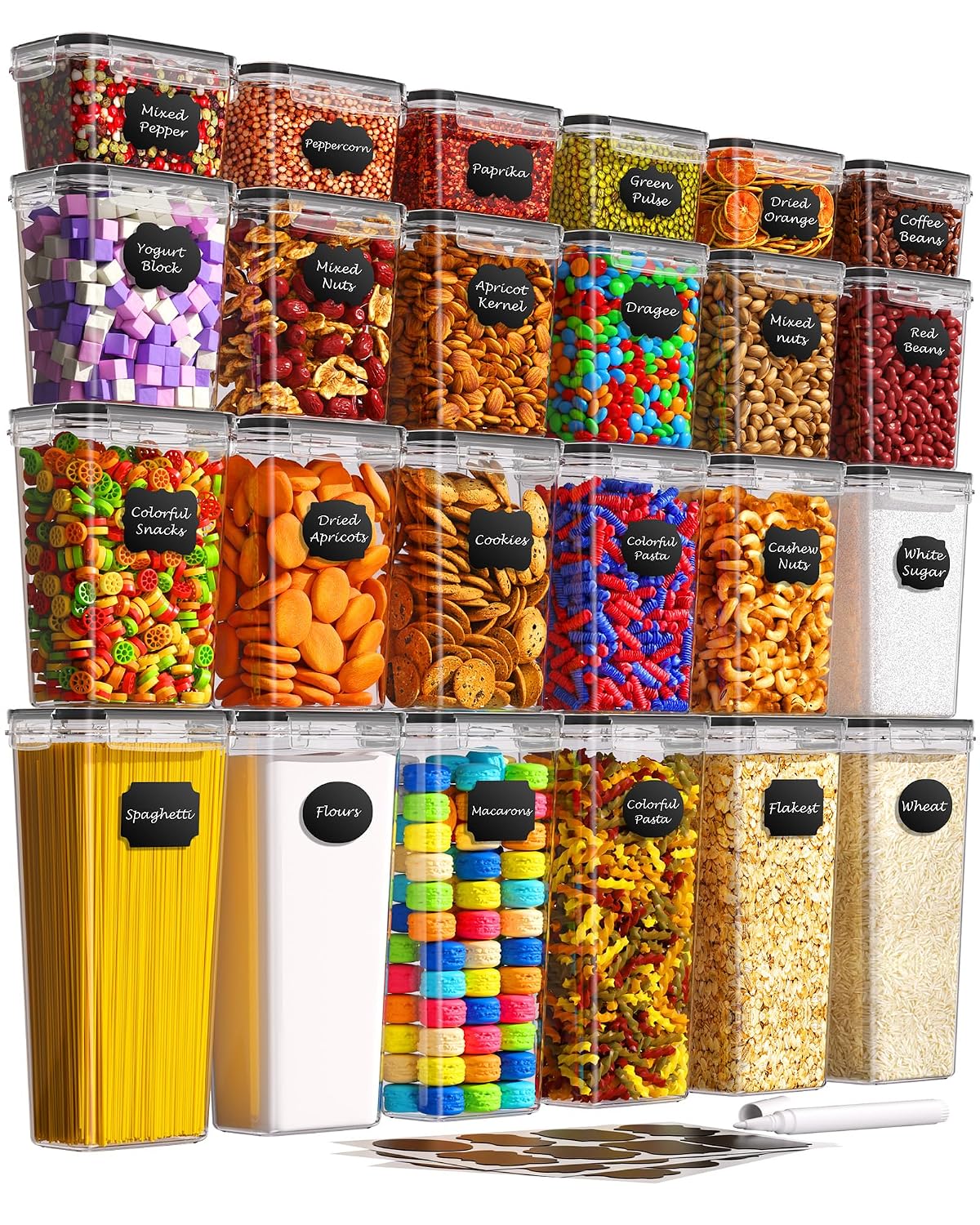 Airtight Food Storage Containers with Lids, 24 PCS Kitchen and Pantry Organization Canisters, BPA-Free, PVC-Free, Food-grade Plastic Leak-proof Jars for Cereal, Flour, Sugar, Extra 24 Labels & Marker