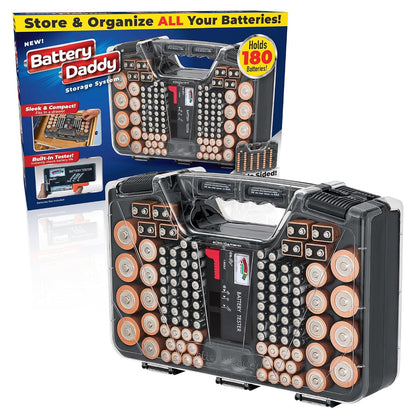 Battery Daddy Storage & Organizer Case w/Tester, Stores & Protects Up to 180 Batteries, Double-Sided, Clear Locking Lid, Secure Latches & Portable Carrying Handle - Charcoal (Batteries Not Included)