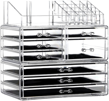 Cq Acrylic 3 Pack Clear Make Up Organizers - Stackable 8 Drawer Organizer for Vanity, Desk, Jewelry, Beauty & Skincare Products