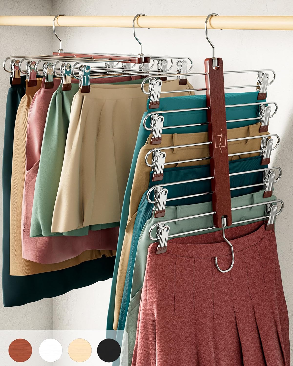 Skirt Hangers Space Saving with Clips - 2 Pack - European Beechwood 5-Tier Hanger for Shorts, Skirts, and Pants - Closet Organizer and Storage Solution for Women with 360° Swivel Hook