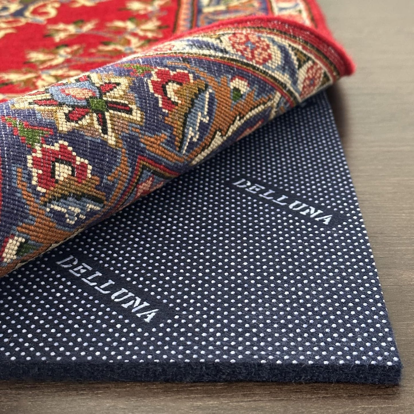 DELLUNA Non-Slip Area Rug Pad 3'x5', 3/8" Thick Double Side Rubber + Felt, Premium Deluxe Cushioned- Safe for All Floors, Adds Comfort and Protection, Ultra Strong Grip, Stop Rug from Moving.
