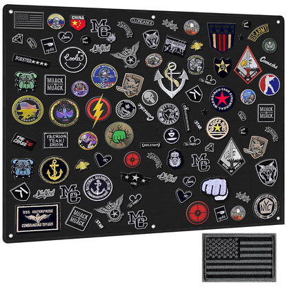 Tactical Board Patch Organizer Holder Display with Loop Surface, Steel Ring and Flag Patch (M: 85 x 70CM/ 33" x 27.5" x 17.7", Black + Flag)