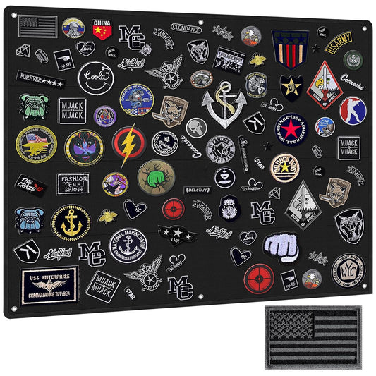 Tactical Board Patch Organizer Holder Display with Loop Surface, Steel Ring and Flag Patch (M: 85 x 70CM/ 33" x 27.5" x 17.7", Black + Flag)