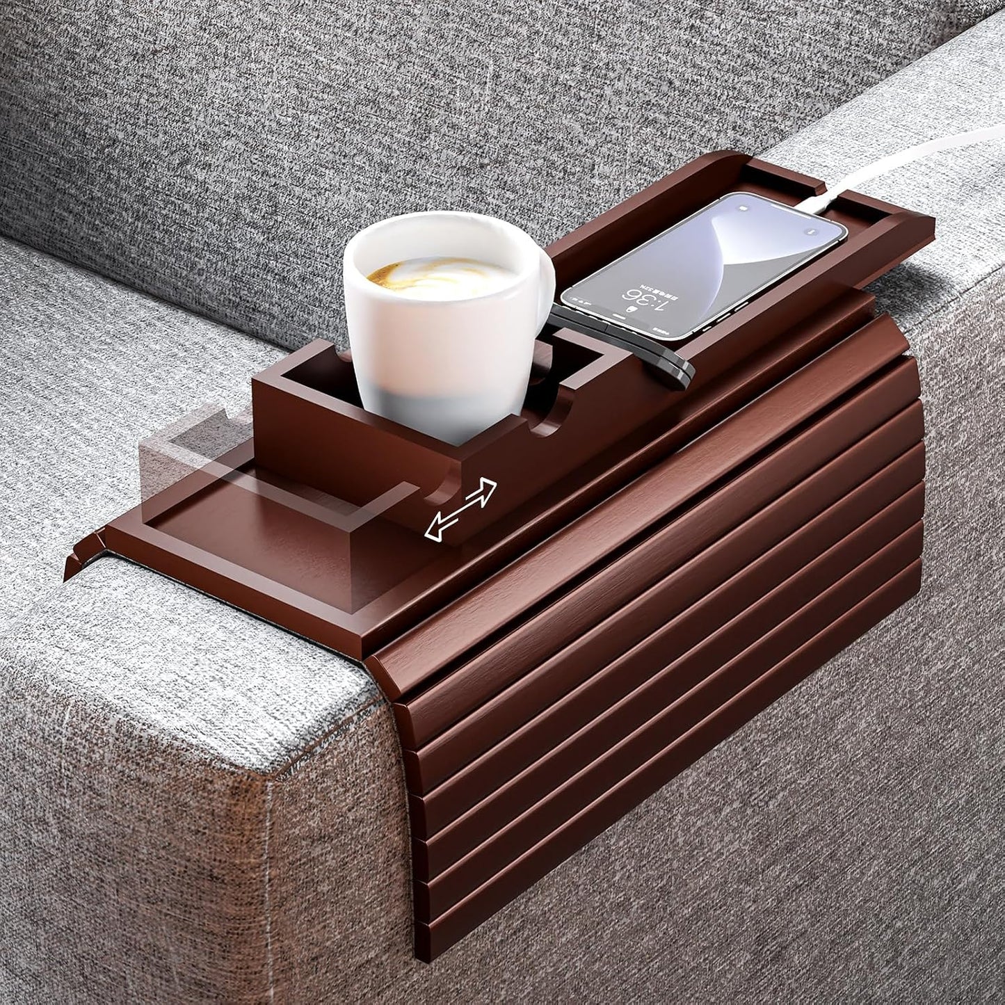 Bamboo Couch Armrest Table with Cup Holder Tray (Walnut) | 2 in 1 Anti-Slip Couch Caddy for Drinks Cellphone TV Remote Snacks