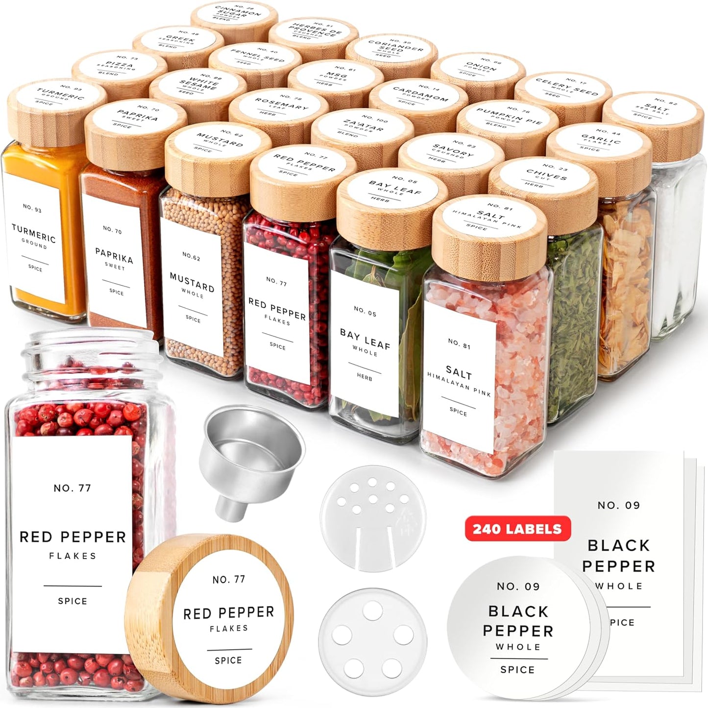 Glass Spice Jars with Label, 24x Bamboo Wooden Lids - White Labels