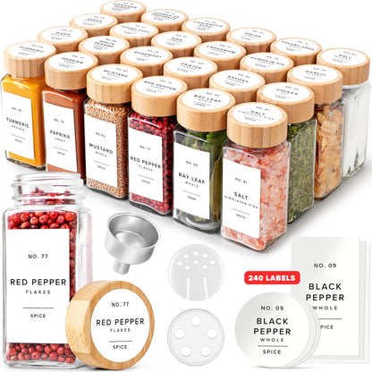 Glass Spice Jars with Label, 24x Bamboo Wooden Lids - White Labels