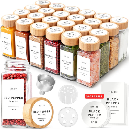 Glass Spice Jars with Label, 24x Bamboo Wooden Lids - White Labels