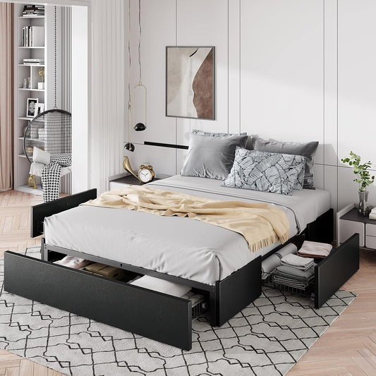 Allewie Full Size Platform Storage Bed Frame with 3 Drawers, Black