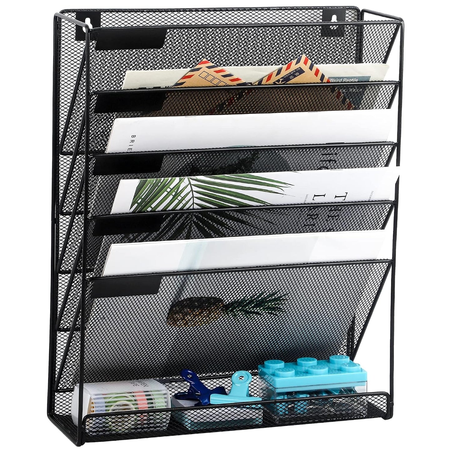 Desk File Organizer Mesh 6-Tier, Hanging Wall Mount Document Organization Stand, Desktop Vertical Mail Paper Folder Holder Rack with Bottom Tray for Office Home Cubicle Countertop, Black