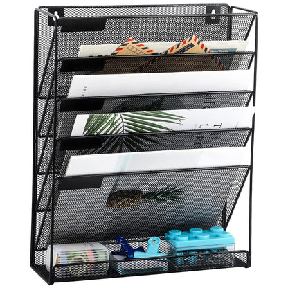 Desk File Organizer Mesh 6-Tier, Hanging Wall Mount Document Organization Stand, Desktop Vertical Mail Paper Folder Holder Rack with Bottom Tray for Office Home Cubicle Countertop, Black