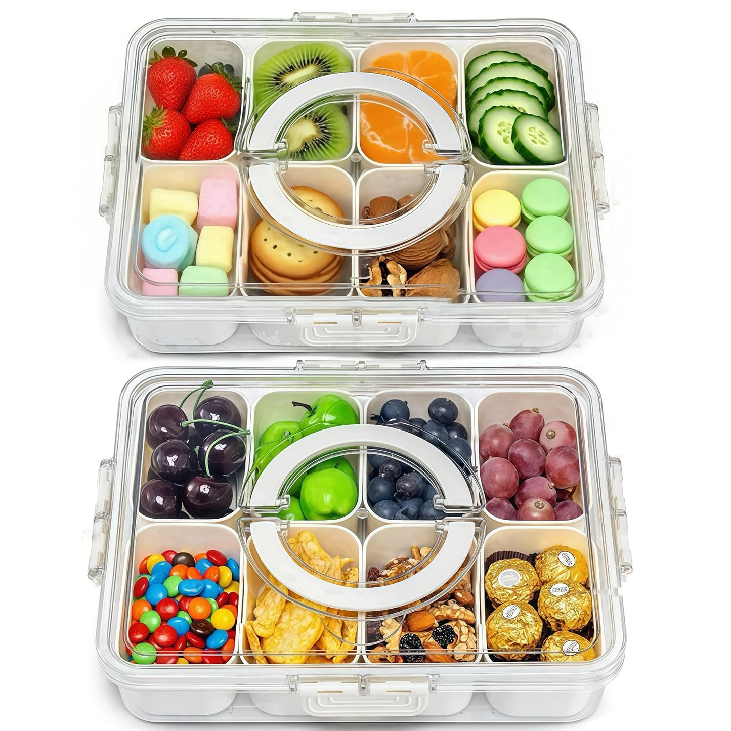 Pure Future 2-Pack Snackle Box Containers with Handles - Divided Serving Tray with Lids, 8 Compartments Charcuterie Box for Travel, Movie Nights & Parties (Hand Wash Only)