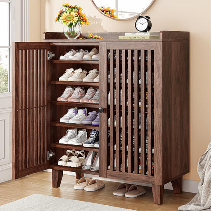 IRONCK Shoe Cabinet with Slatted Doors, 6-Tier Shoe Storage Cabinet, Walnut | Adjustable Shelves, Wooden Shoe Rack Organizer for Entryway, Hallway, Closet, Living Room
