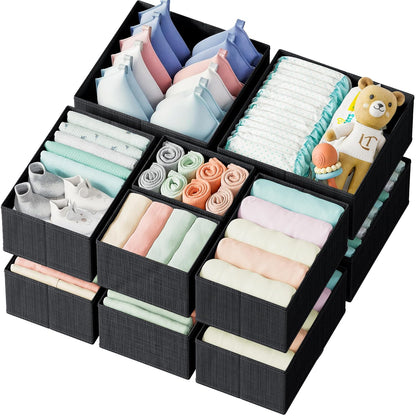 Drawer Organizer Clothes Set of 12 Black - Dresser Organizer For Nursery, Bedroom, Closet - The Perfect Baby Clothes Organizer and Storage & General Nursery Organization or Dresser Drawer Organizers